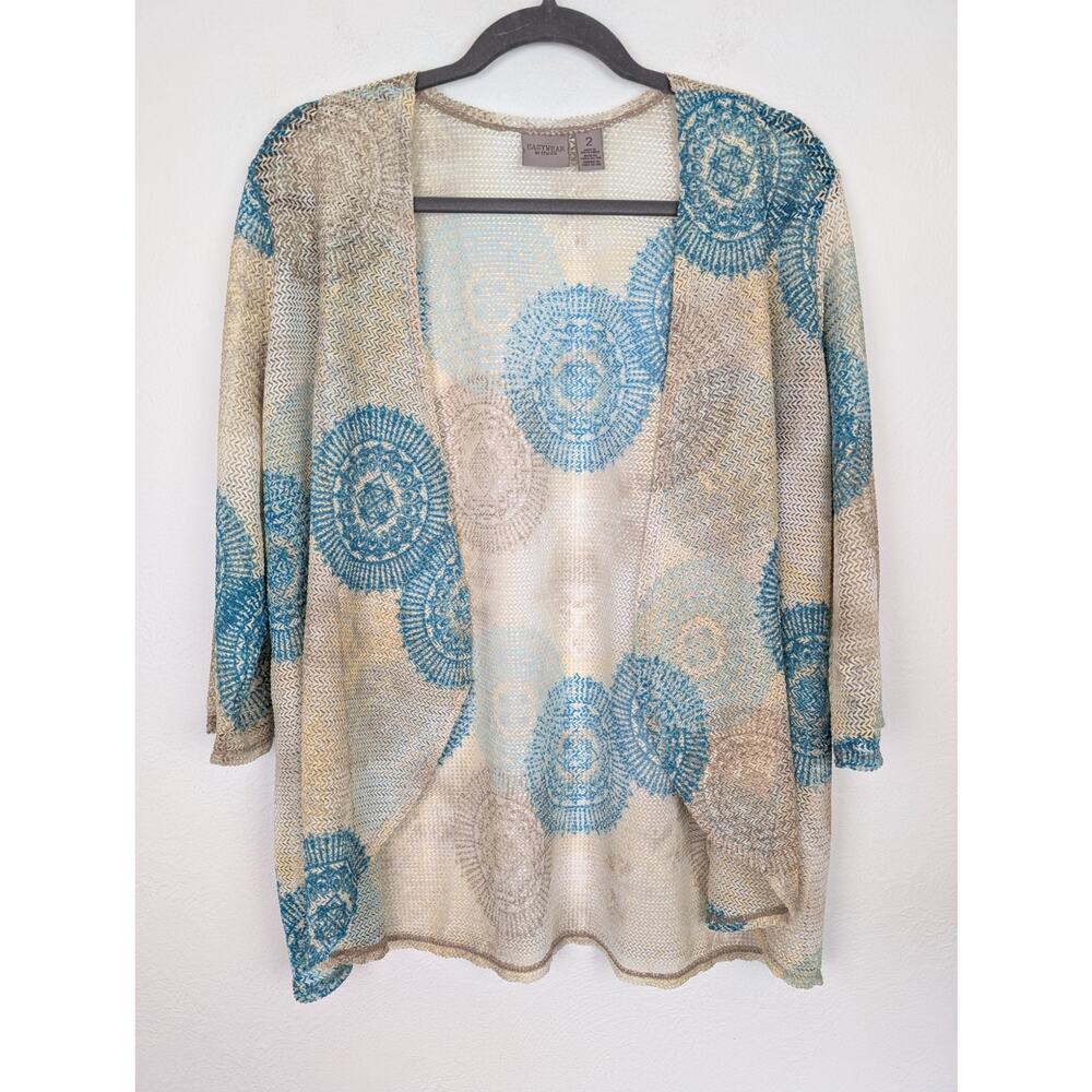Easywear Chicos Cardigan Open Front Woven Medallion Coastal Beach Cream Size L